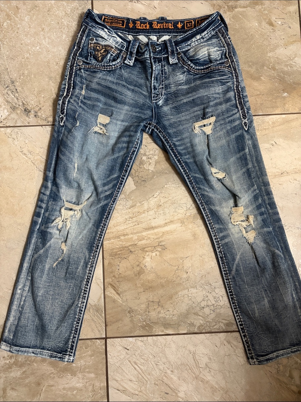 Rock Revival Men's Washed Blue Slim Straight Jeans with Distressing